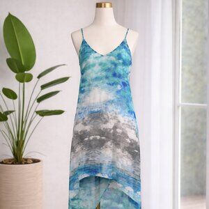 Dress size M Green/gray print high low  blue print summer beach sleevless